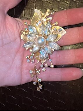 Vintage Gold Floral Brooch with Pearlescent Center and AB rhinestones and Clear